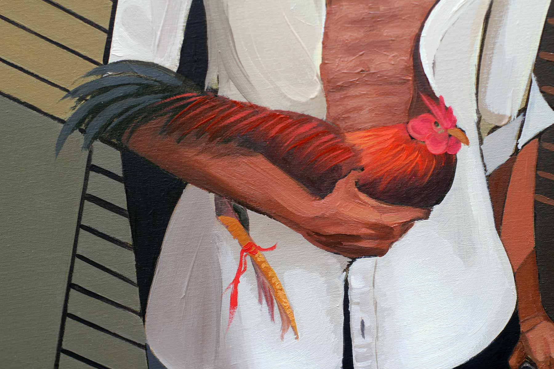 Close-up of the rooster handler gently holding a vibrant red fighting rooster across the chest, highlighting expressive brushwork and rich color contrasts.