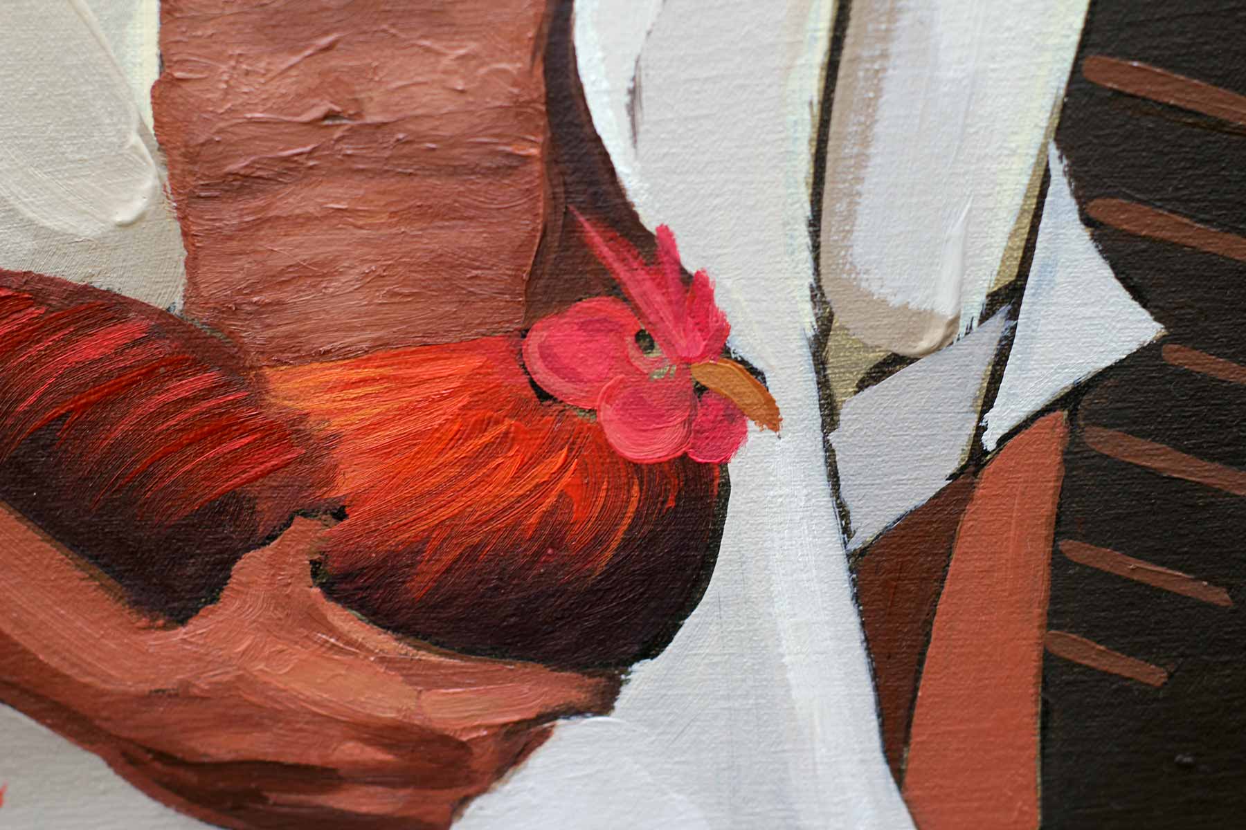 Detailed view of the fighting rooster's bright red comb, orange beak, and richly textured feathers rendered with expressive oil brushstrokes.