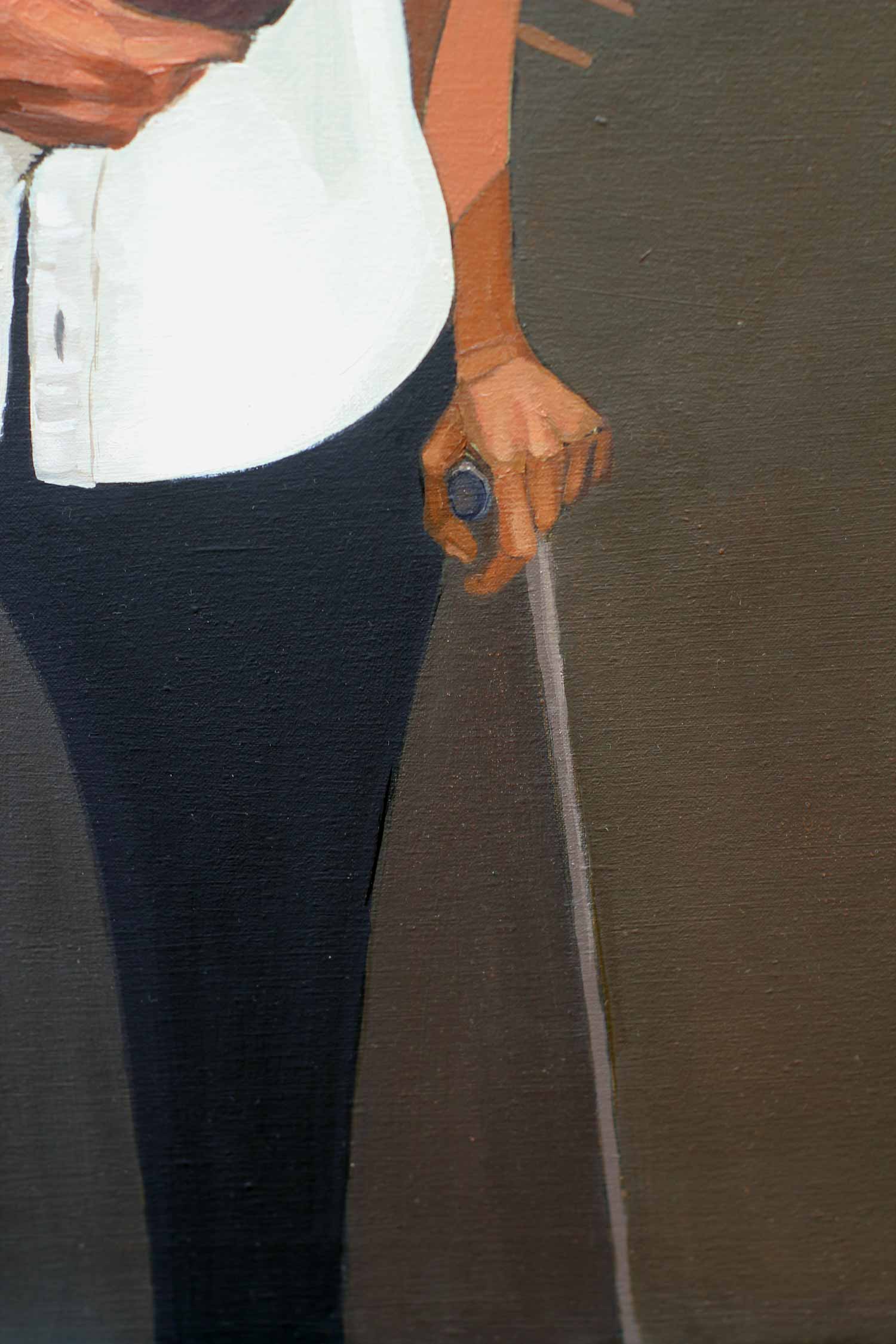 Close-up of the rooster handler's hand gripping a walking cane, emphasizing simplified forms and subtle tonal modeling in oil paint.