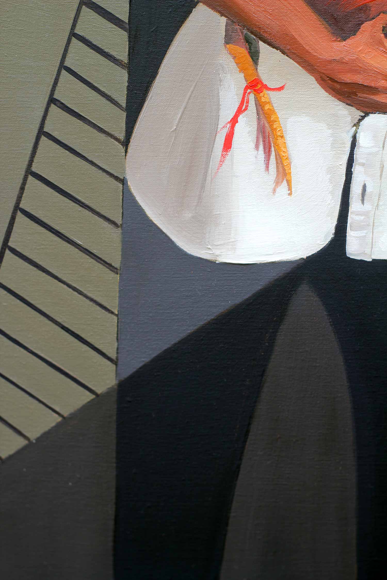 Detail showing the white sleeve of the rooster handler and the rooster's yellow leg with red bindings, painted with textured, expressive brushwork.