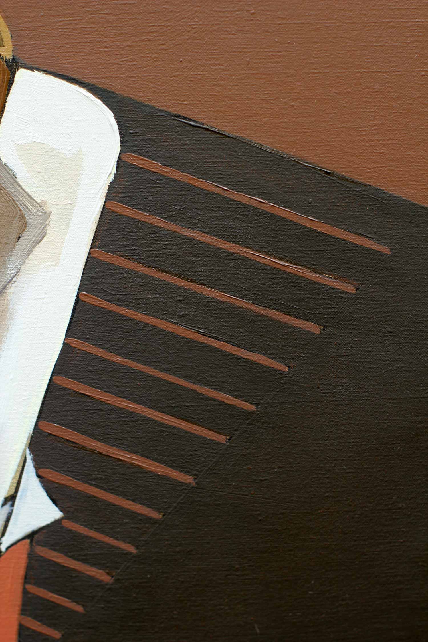 Detail of diagonal geometric planes and parallel linear elements painted in dark gray and brown tones, creating depth and visual rhythm.