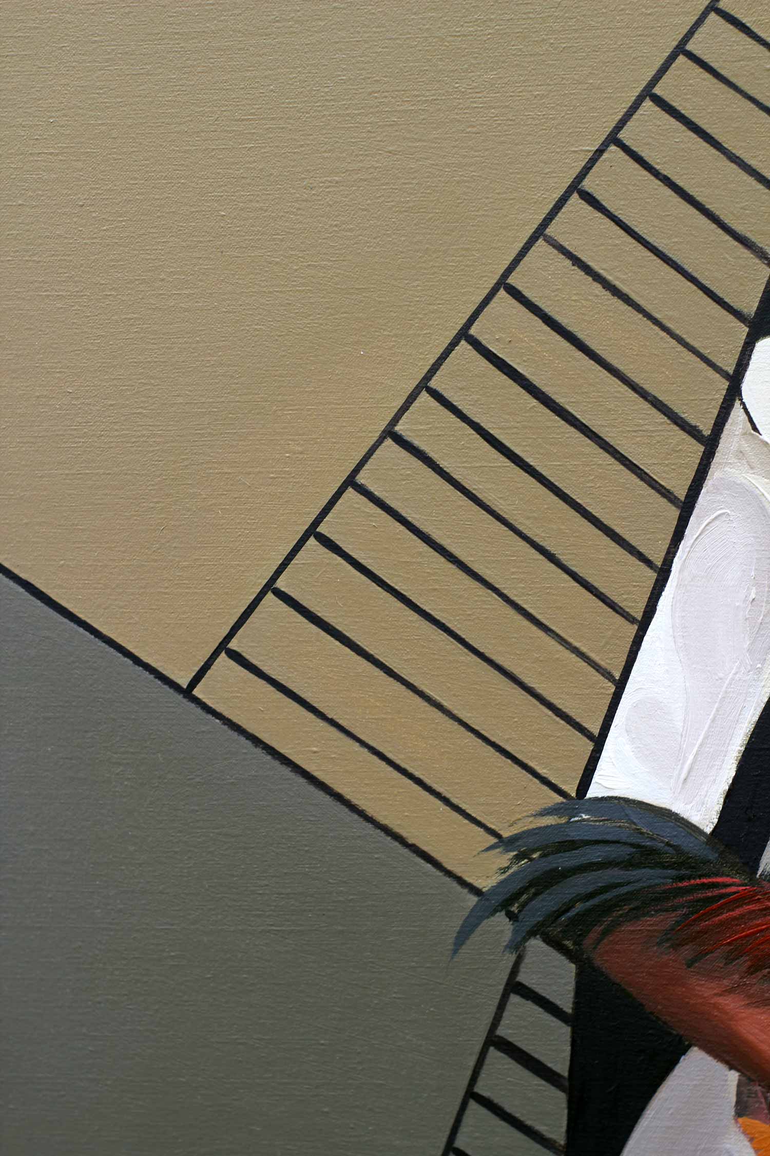 Close-up of intersecting olive-green and gray geometric planes crossed by evenly spaced diagonal black lines in a contemporary oil painting.