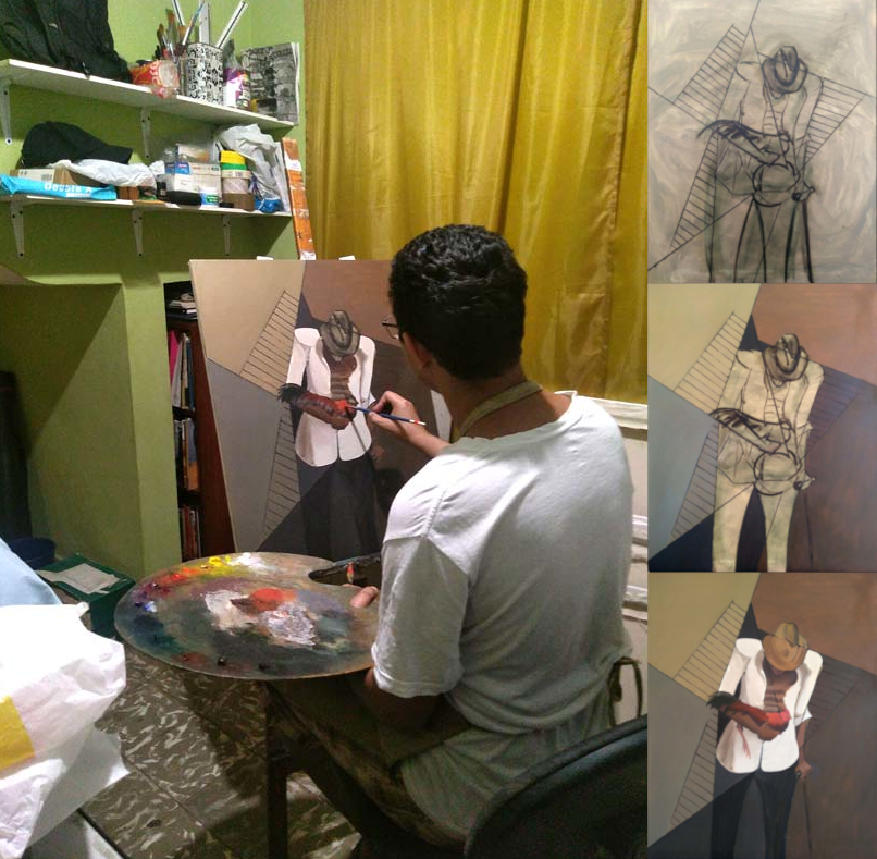 Collage documenting the creation process of the oil painting Gallero, showing the artist sketching the geometric composition on canvas, establishing the background and figure, painting the rooster and clothing, and advancing the artwork through successive stages toward completion.
