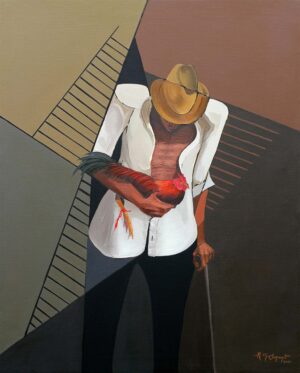 Gallero holding a fighting rooster, viewed from above, wearing a straw hat and white shirt, standing with a walking cane against a geometric background of intersecting planes in earthy tones, oil on canvas by Raul Miguel Sarante.