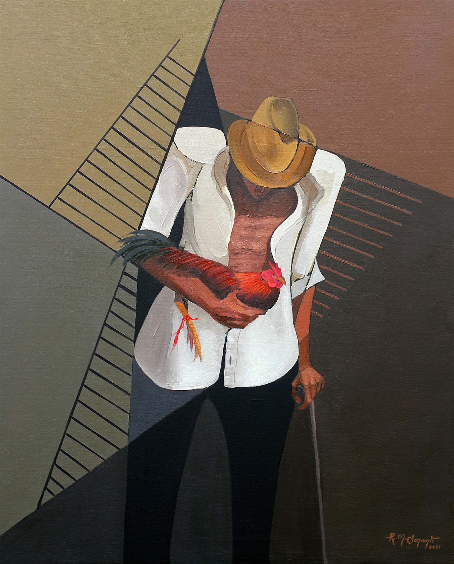 Gallero holding a fighting rooster, viewed from above, wearing a straw hat and white shirt, standing with a walking cane against a geometric background of intersecting planes in earthy tones, oil on canvas by Raul Miguel Sarante.