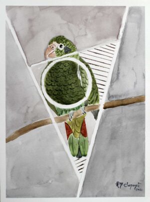 Original watercolor painting of a Hispaniolan Amazon (Amazona ventralis) perched on a branch within an abstract geometric composition. Soft gray washes, clean linear forms, and richly textured green plumage create a contemporary wildlife artwork inspired by the endemic birds of the Dominican Republic.