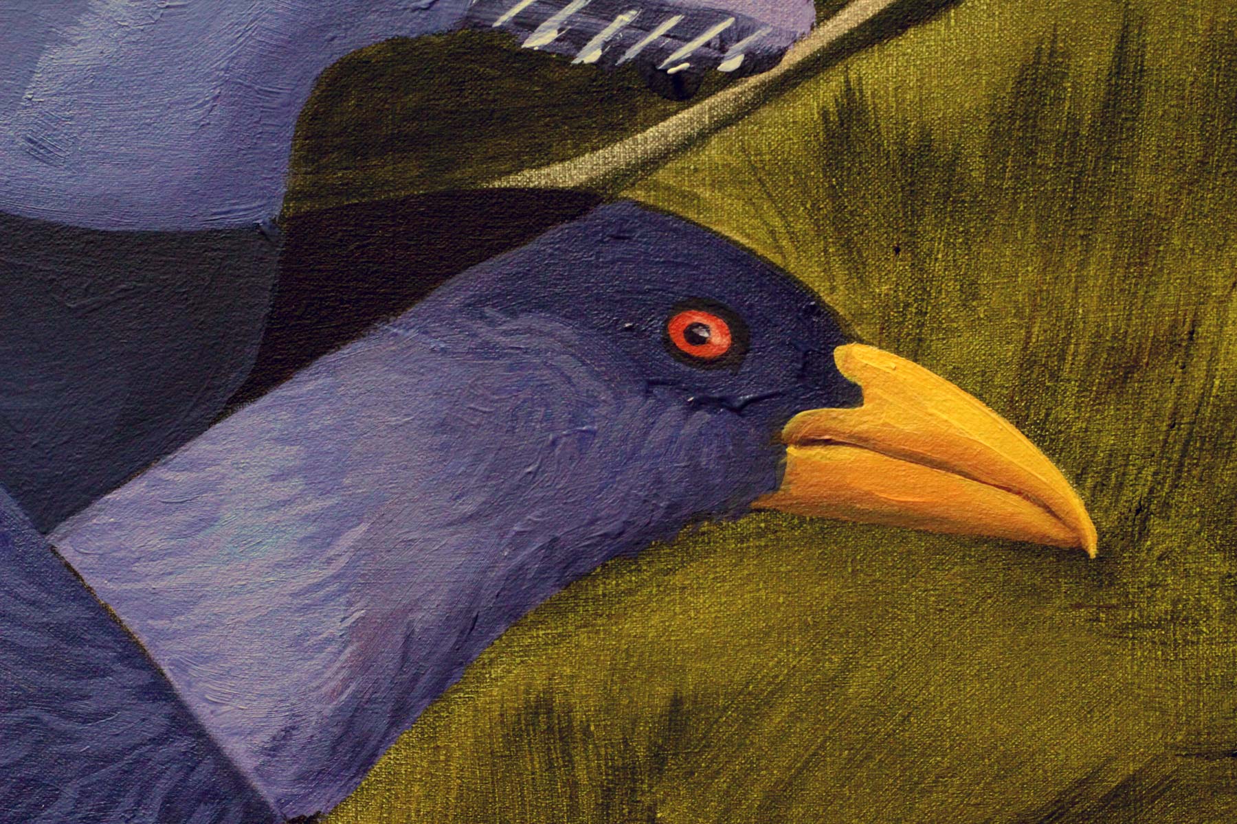 Close-up of the Hispaniolan Trogon's head, highlighting its deep violet plumage, vivid red eye, and bright golden-yellow beak, with expressive oil brushwork revealing the texture of individual feathers.