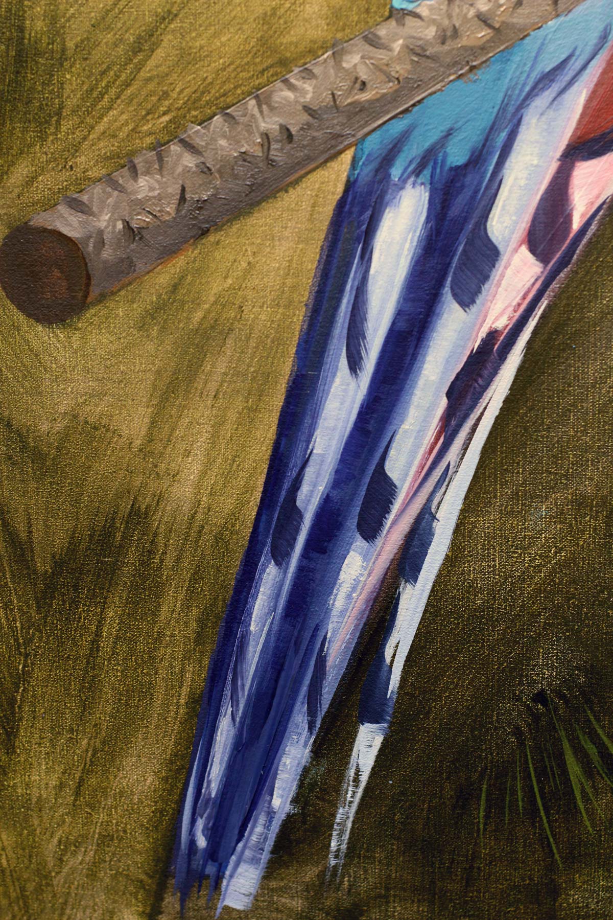 Close-up of the Hispaniolan Trogon's long blue and white tail feathers resting beside a textured pine branch, emphasizing layered brushstrokes, rhythmic feather patterns, and the tactile quality of the oil paint.