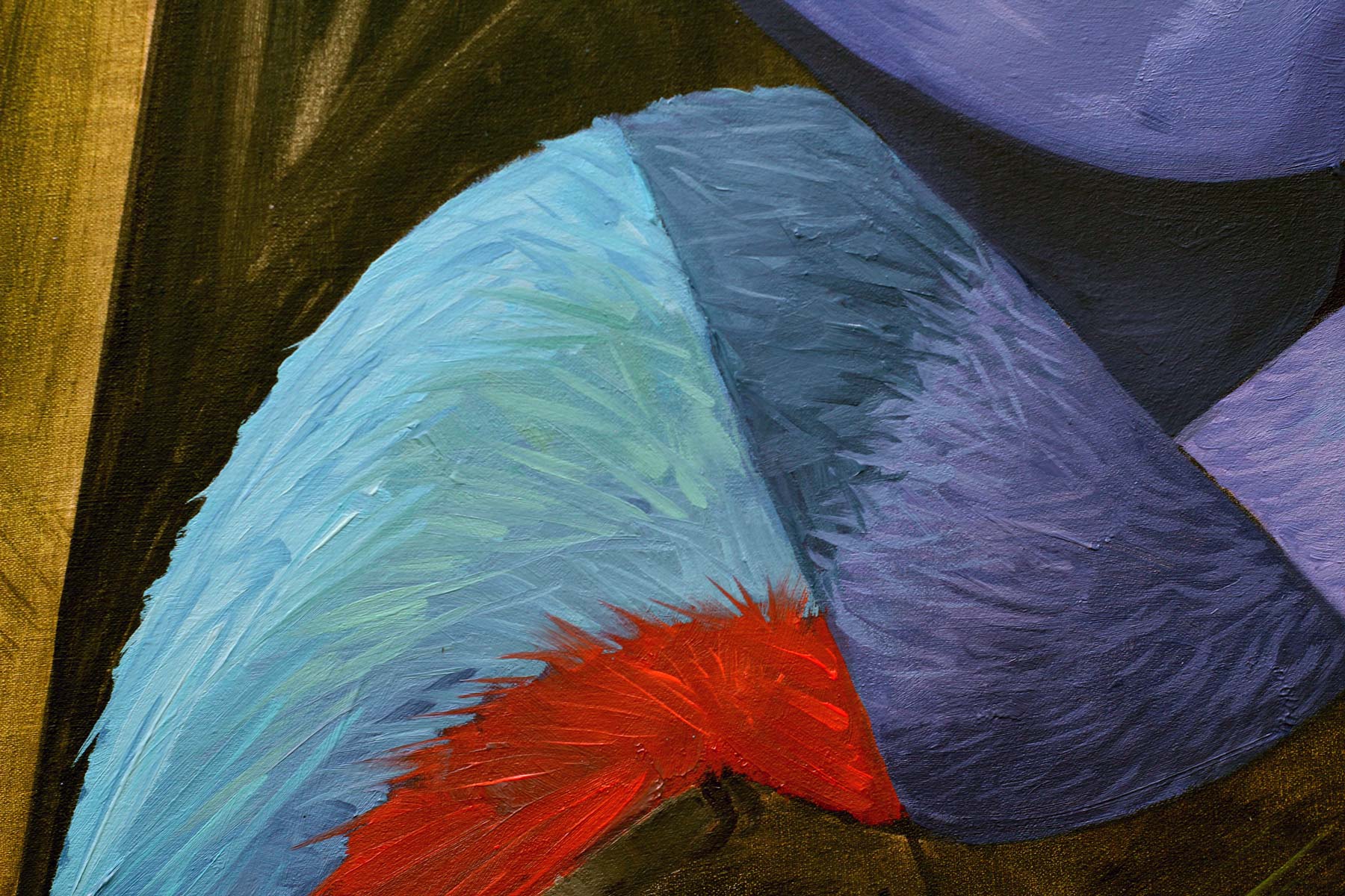 Detail of the Hispaniolan Trogon's turquoise wing transitioning into a brilliant crimson belly, revealing expressive brushwork, subtle feather textures, and vibrant color contrasts characteristic of the species.
