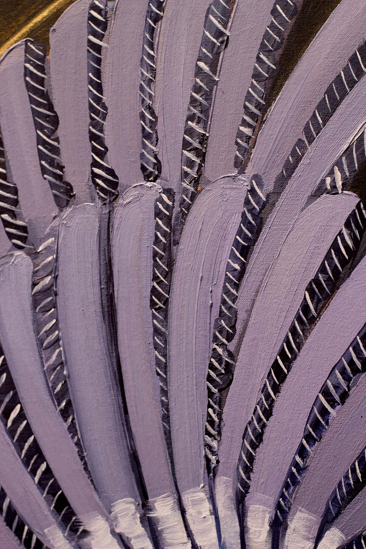 Macro detail of the Hispaniolan Trogon's raised lavender wings, showing thick oil paint, carefully painted feather divisions, and decorative white highlights that emphasize the fan-like display.