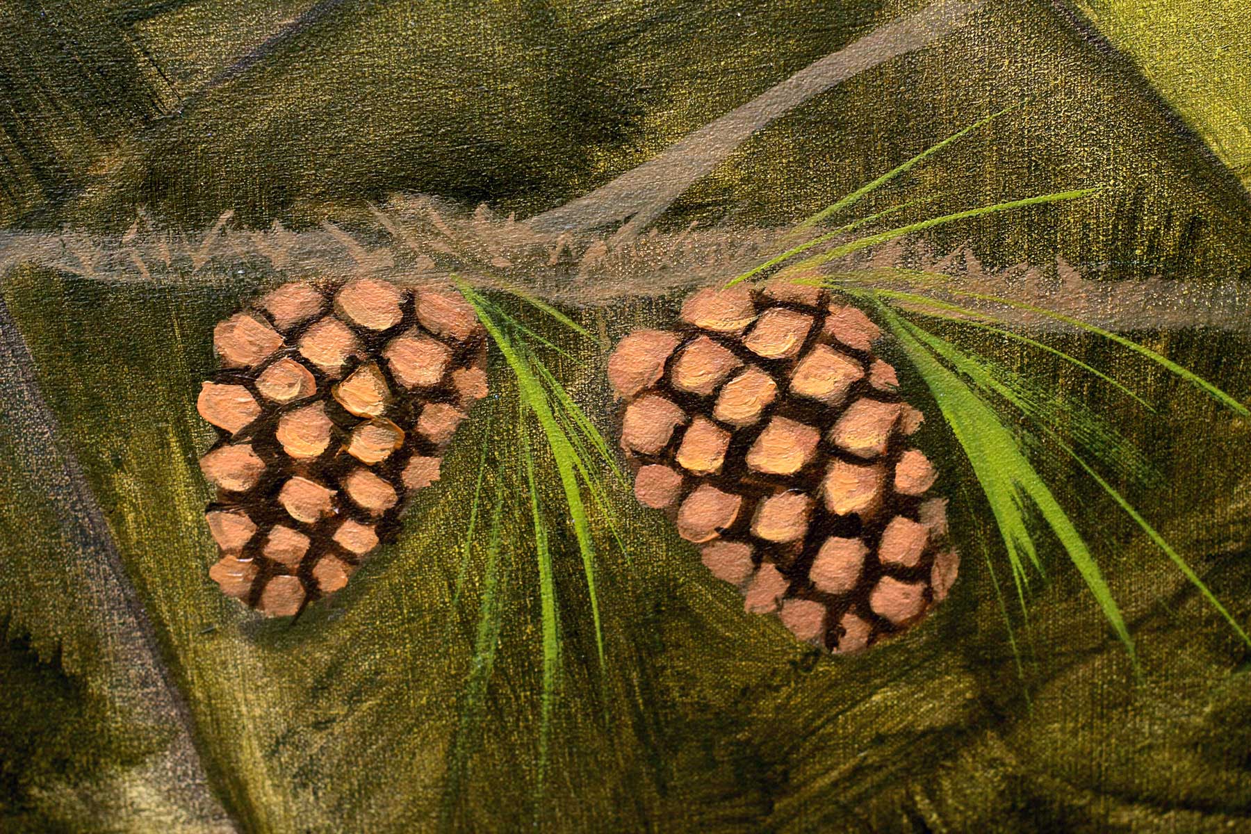 Close-up of two pine cones suspended beneath pine needles, painted with textured oil brushstrokes that contrast the warm brown cones against the dark green forest background.