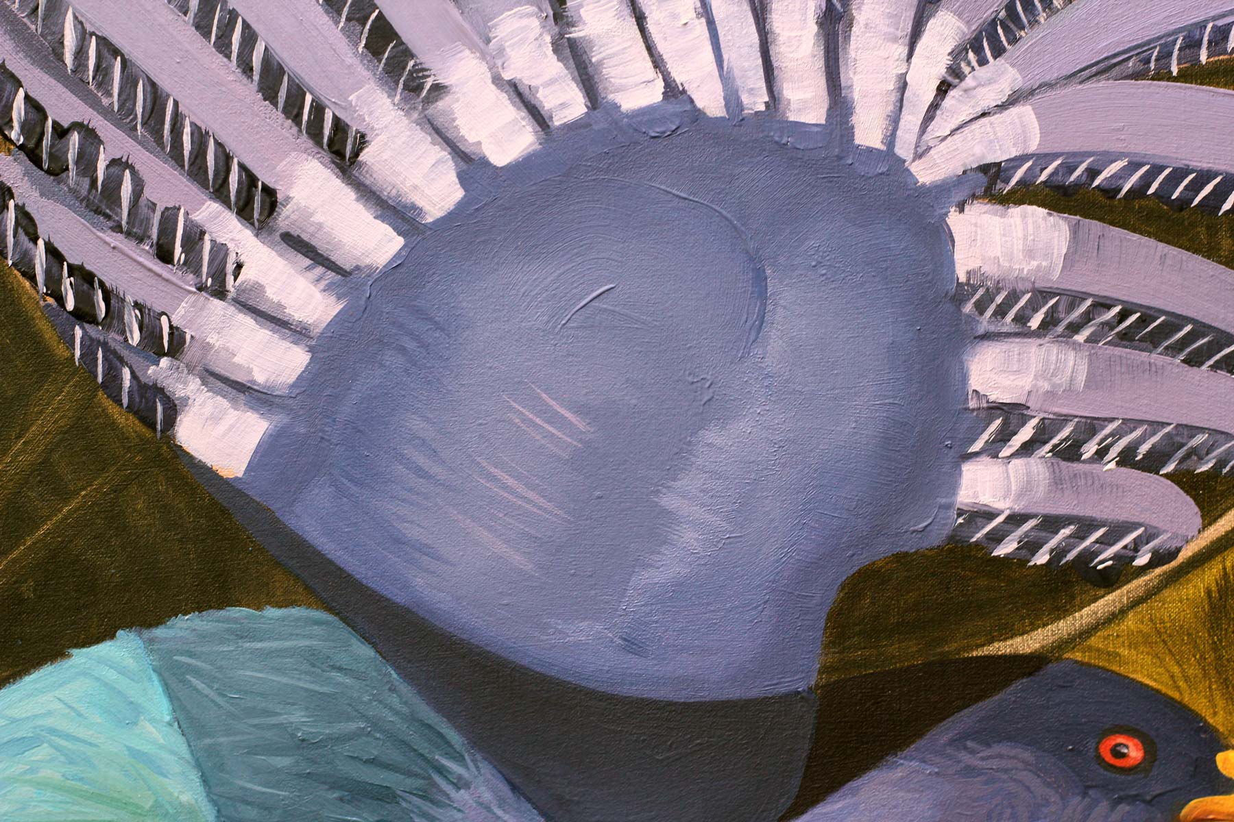 Close-up of the Hispaniolan Trogon's dramatically raised lavender wings, framed by a circular golden halo-like shape that emphasizes the bird's expressive posture and the painting's geometric composition.