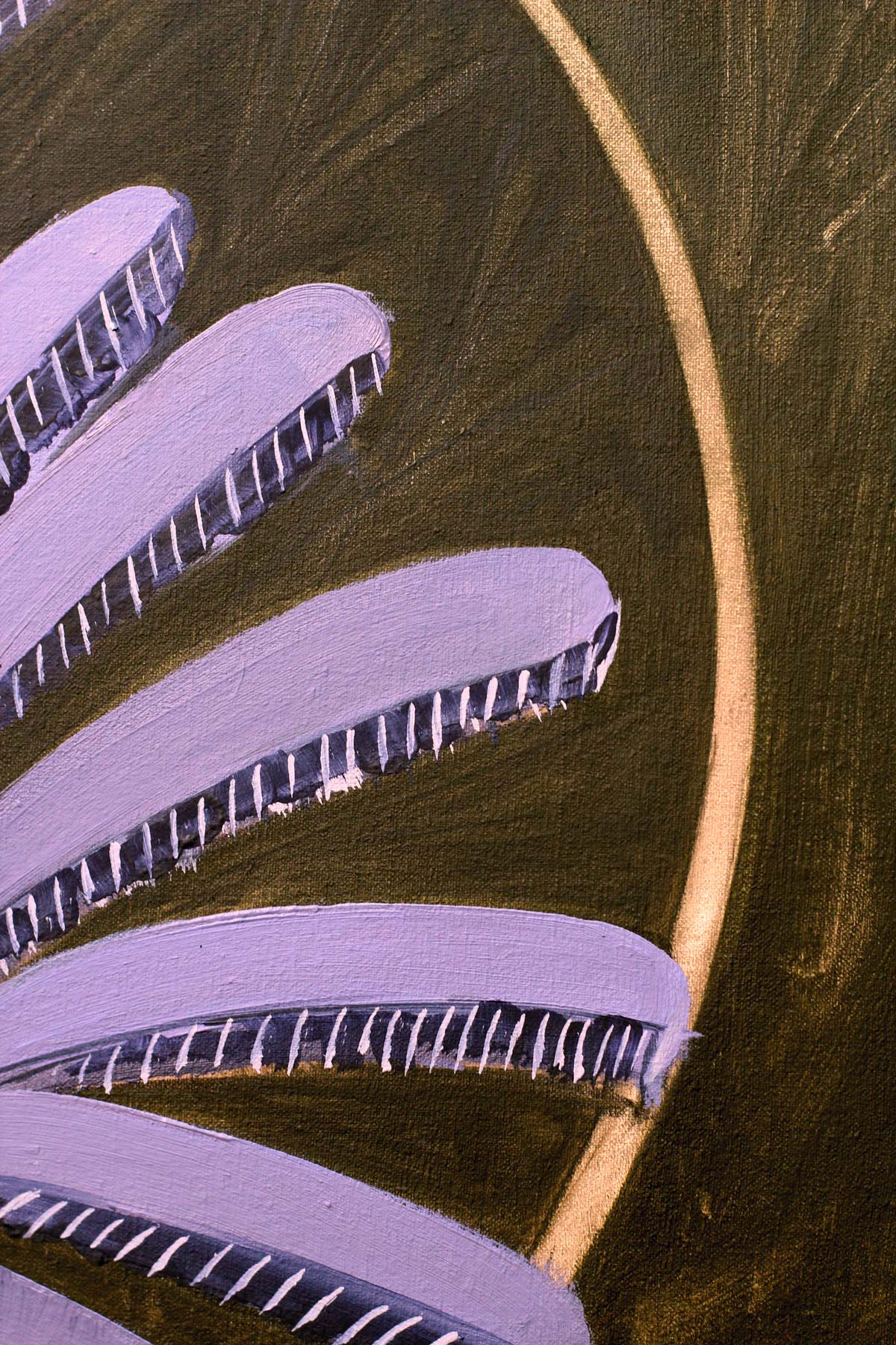 Detail of the raised lavender wing feathers, showing rhythmic feather forms with delicate white linear highlights against a deep olive-green background, revealing the painting's layered brushwork and decorative structure.
