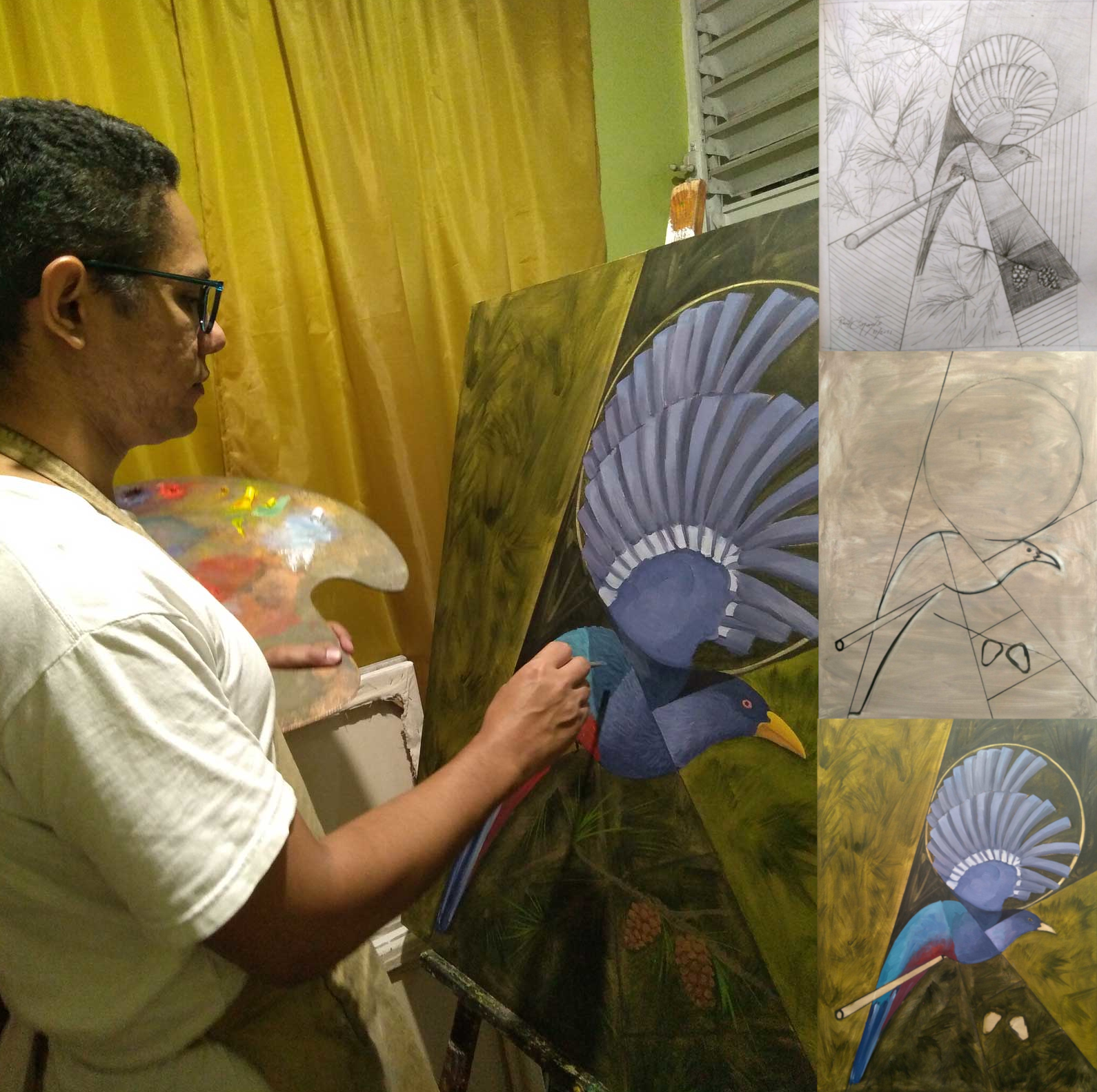 Collage documenting the creation process of the oil painting Hispaniolan Trogon, showing the artist developing the composition from preliminary geometric sketches and line drawings to the completed painting, with successive stages revealing the colorful bird and its forest setting.