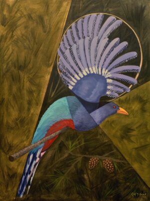 Hispaniolan Trogon oil painting depicting the endemic bird of Hispaniola perched on a pine branch with its lavender wings dramatically raised in a circular fan-like display. Brilliant turquoise-blue wings, deep violet head, crimson belly, and a golden-yellow beak contrast against a geometric forest background of olive greens, pine needles, and cones, blending realism with stylized composition.