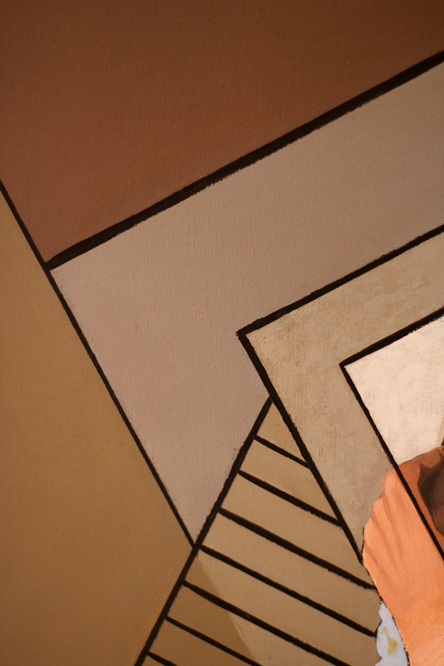 Close-up of intersecting geometric planes and diagonal linear patterns in warm brown, gray, and beige tones, forming the abstract architectural background of a contemporary oil painting.