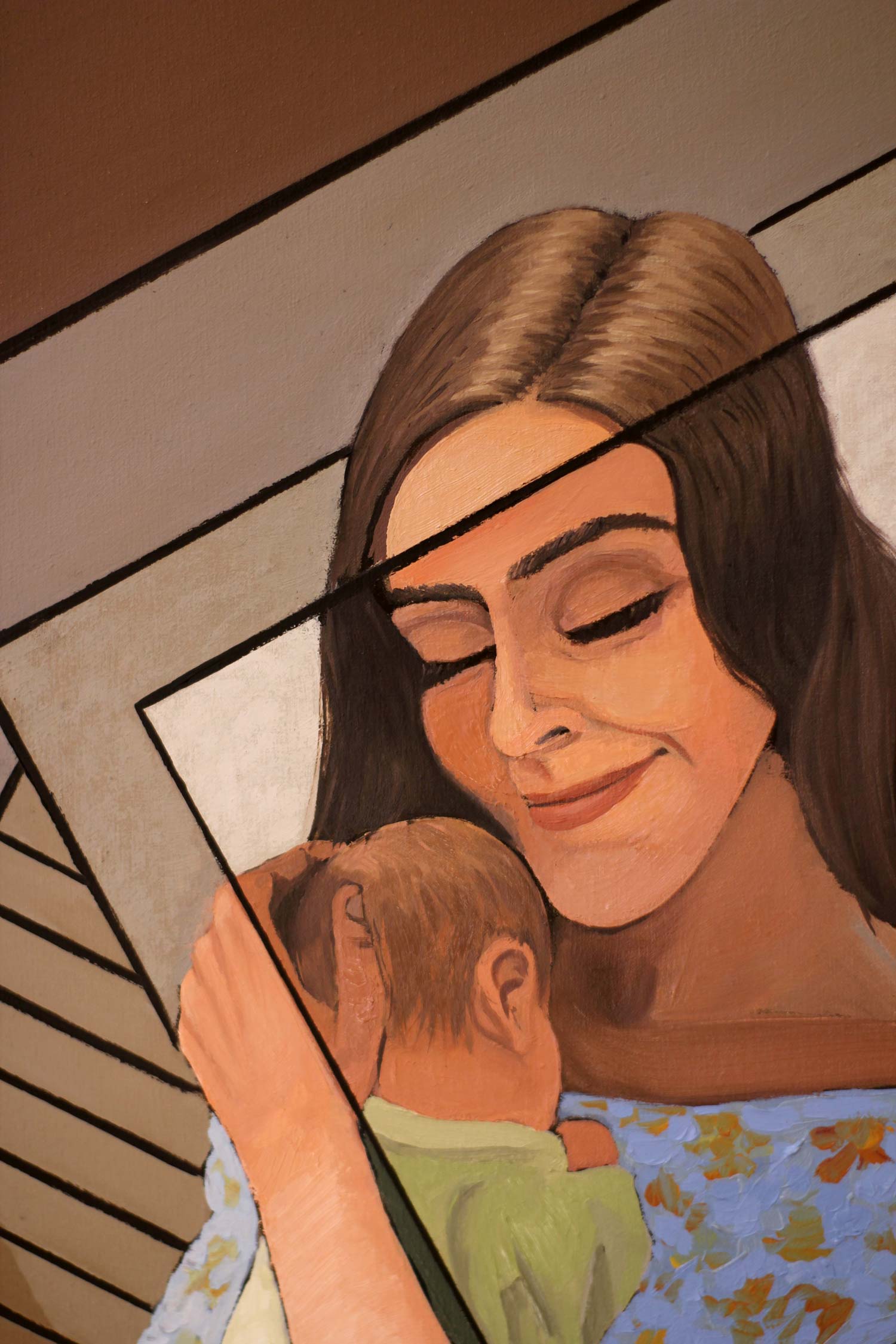 Close-up of a mother with closed eyes tenderly holding her sleeping infant against her shoulder, highlighting warmth, affection, and expressive oil brushwork.