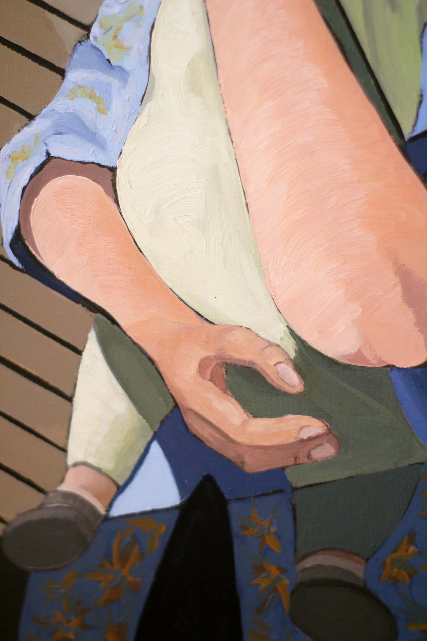 Detail of the mother's hand gently supporting the baby's body, emphasizing protective care through softly modeled forms and textured oil paint.