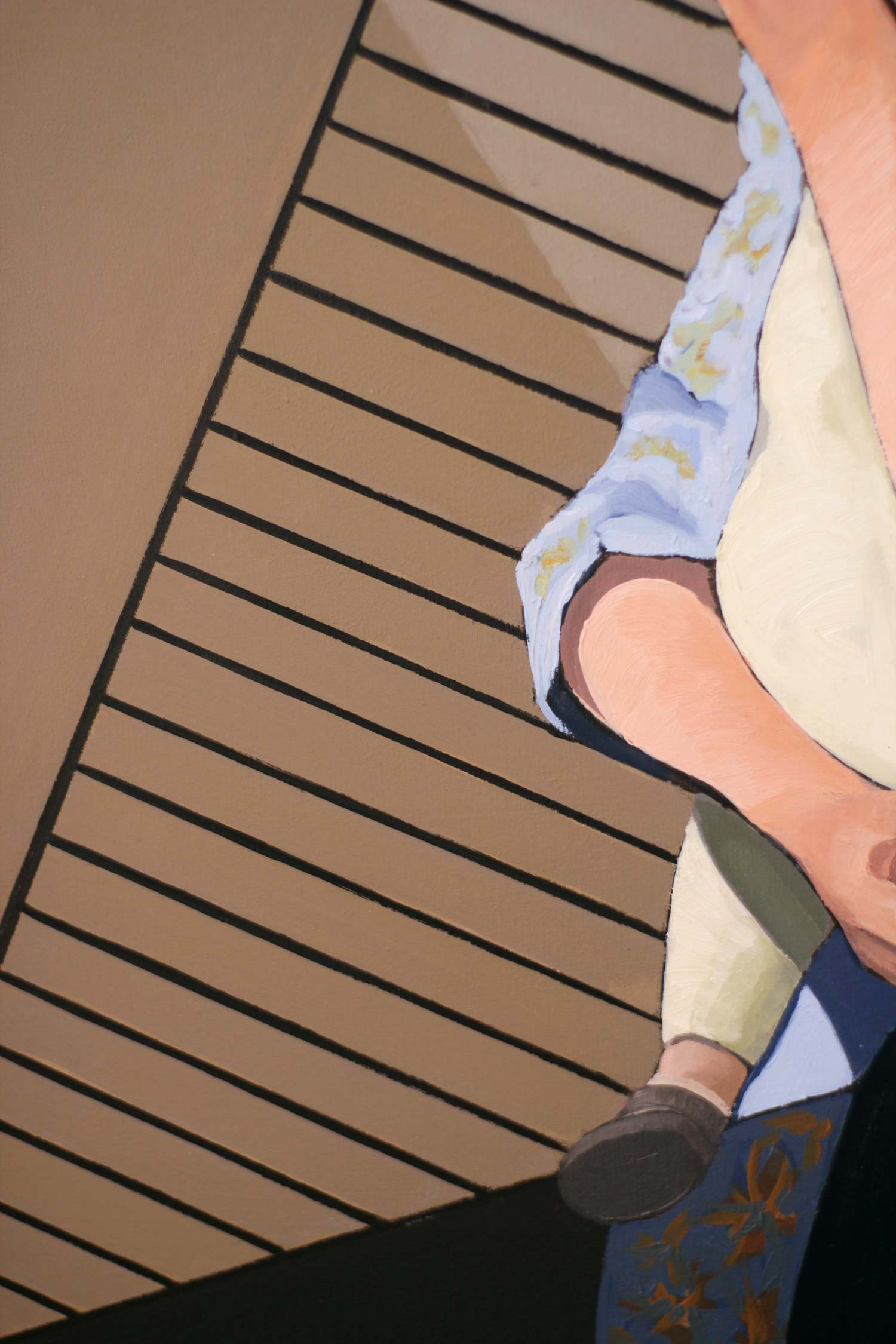 Detail of parallel diagonal black lines crossing muted geometric planes, creating rhythm and architectural depth within the composition.