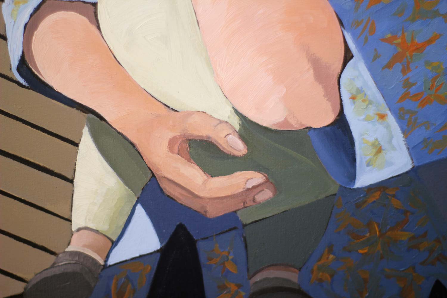 Close-up of the mother's hand supporting the child's lower body, emphasizing tenderness, balance, and the textured surface of the oil painting.