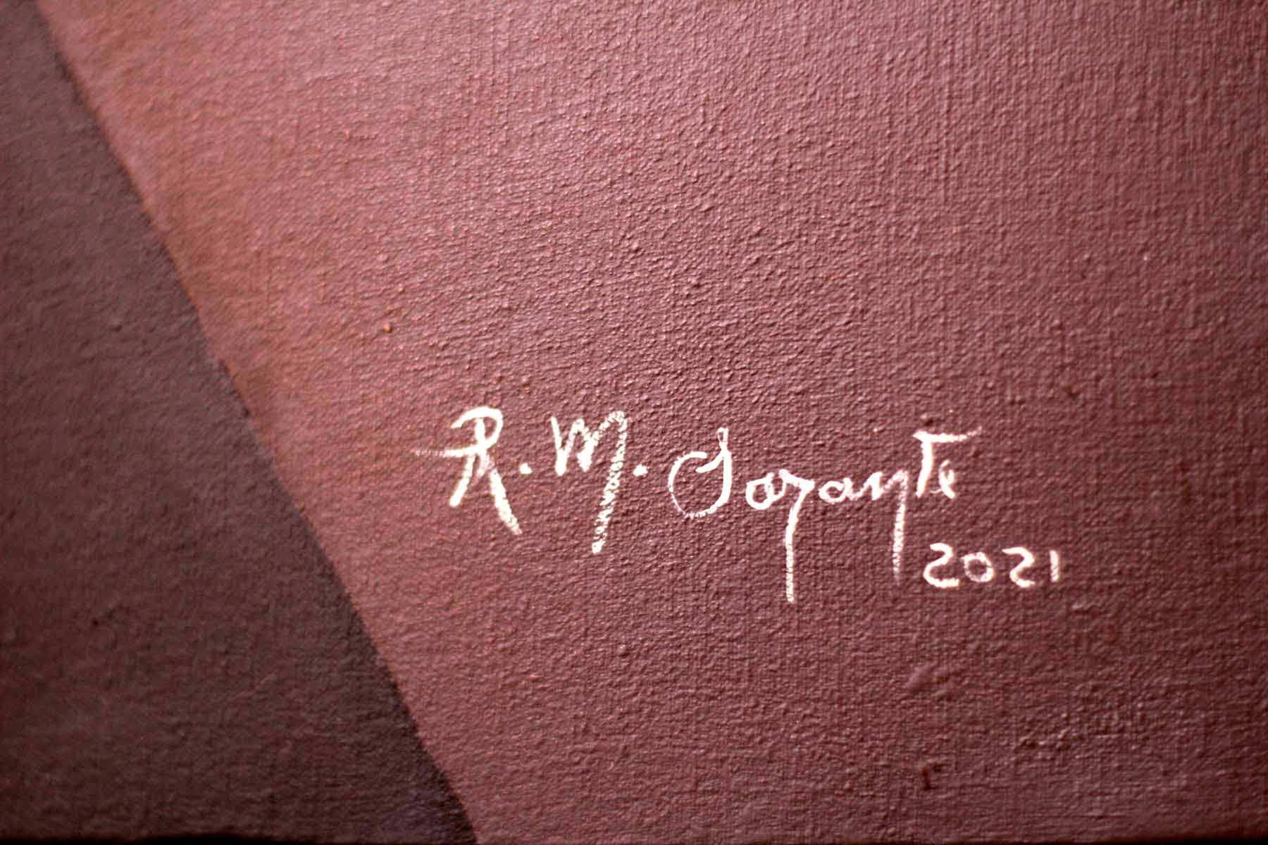 Artist's signature painted in white over a warm brown background in the lower corner of the canvas.