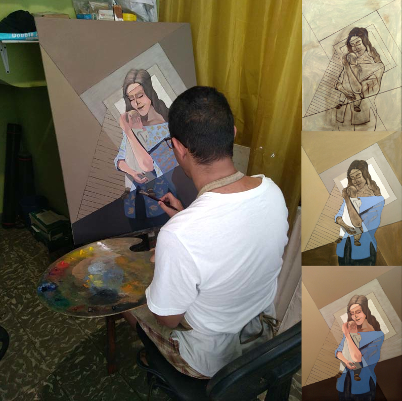 Collage documenting the creation process of the oil painting Maternity, showing the artist developing the geometric composition on canvas, blocking in the mother and child, refining the colors and forms, and advancing the artwork through successive stages toward completion.