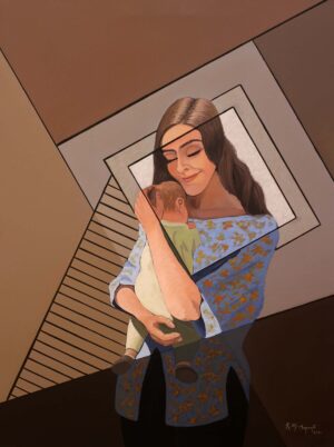 Mother gently embracing her sleeping baby, eyes closed in a peaceful expression, framed by intersecting geometric planes and diagonal lines in warm earth tones, contemporary oil painting by Raul Miguel Sarante.