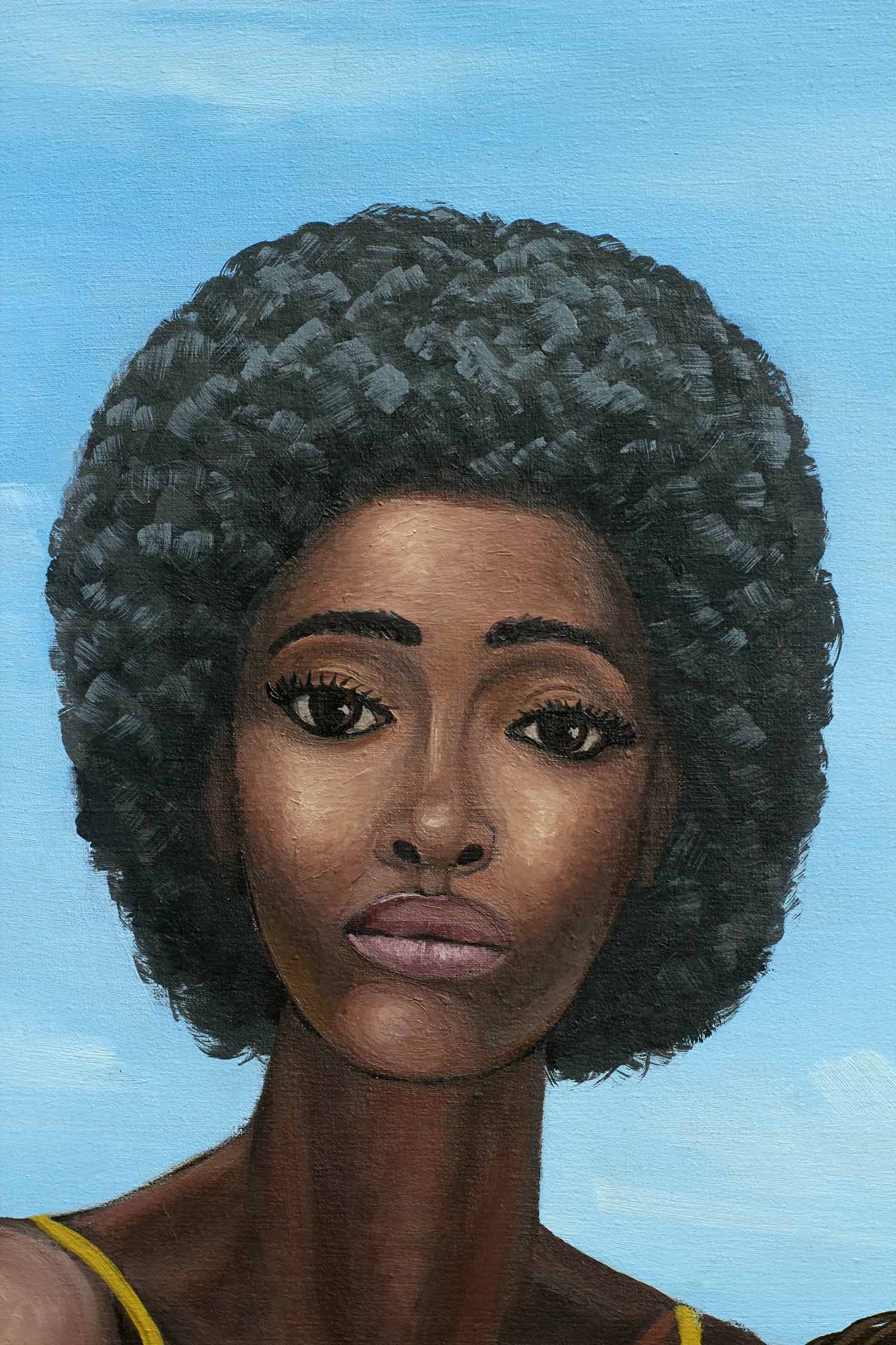 Close-up of the young Black woman's face in Woman with a Fruit Basket, showing her natural afro hairstyle, expressive dark eyes, full lips, and calm forward gaze against a soft blue sky.