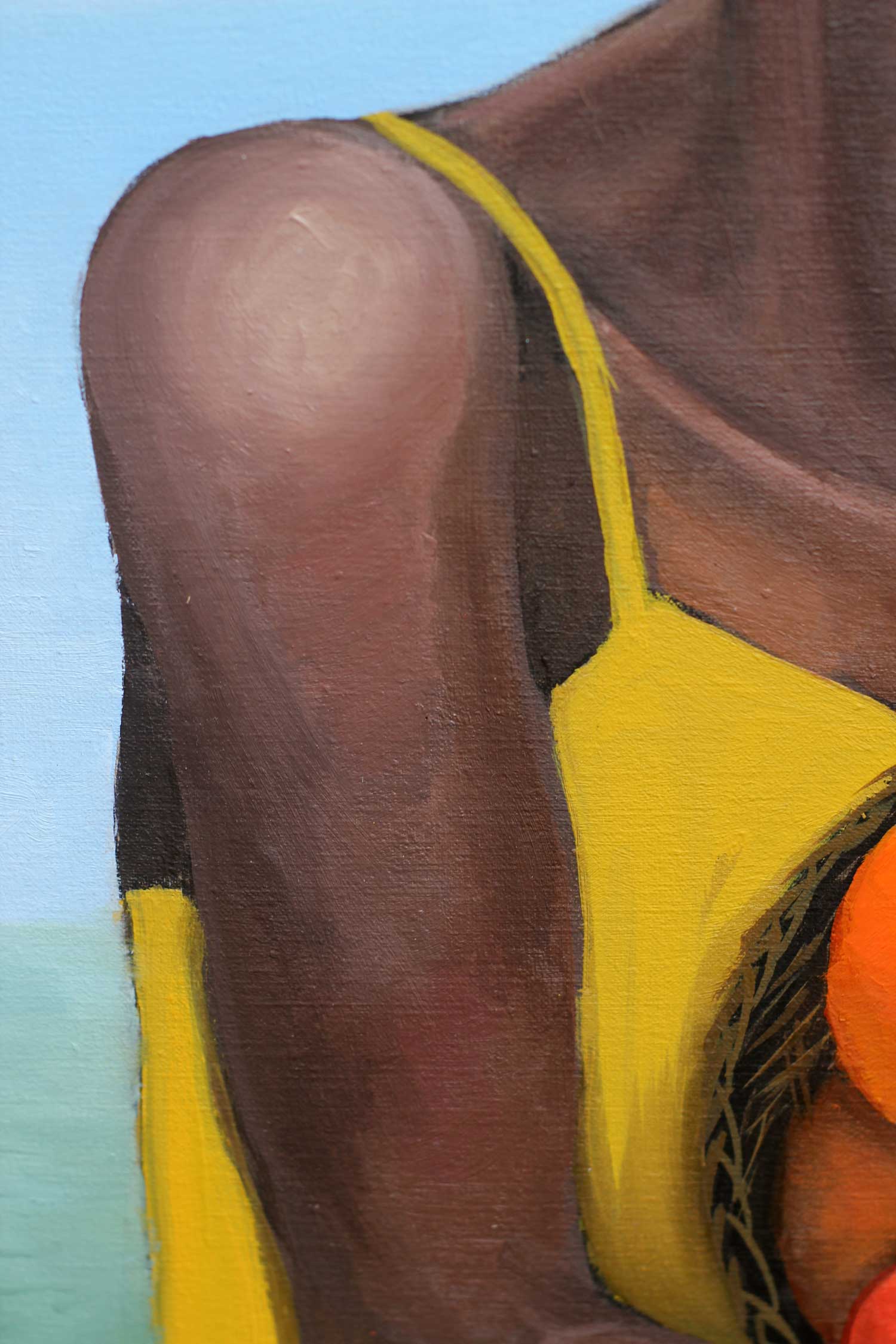 Close-up of the woman's shoulder and yellow dress strap, highlighting subtle oil brushwork, smooth tonal transitions, and the texture of the painted canvas.