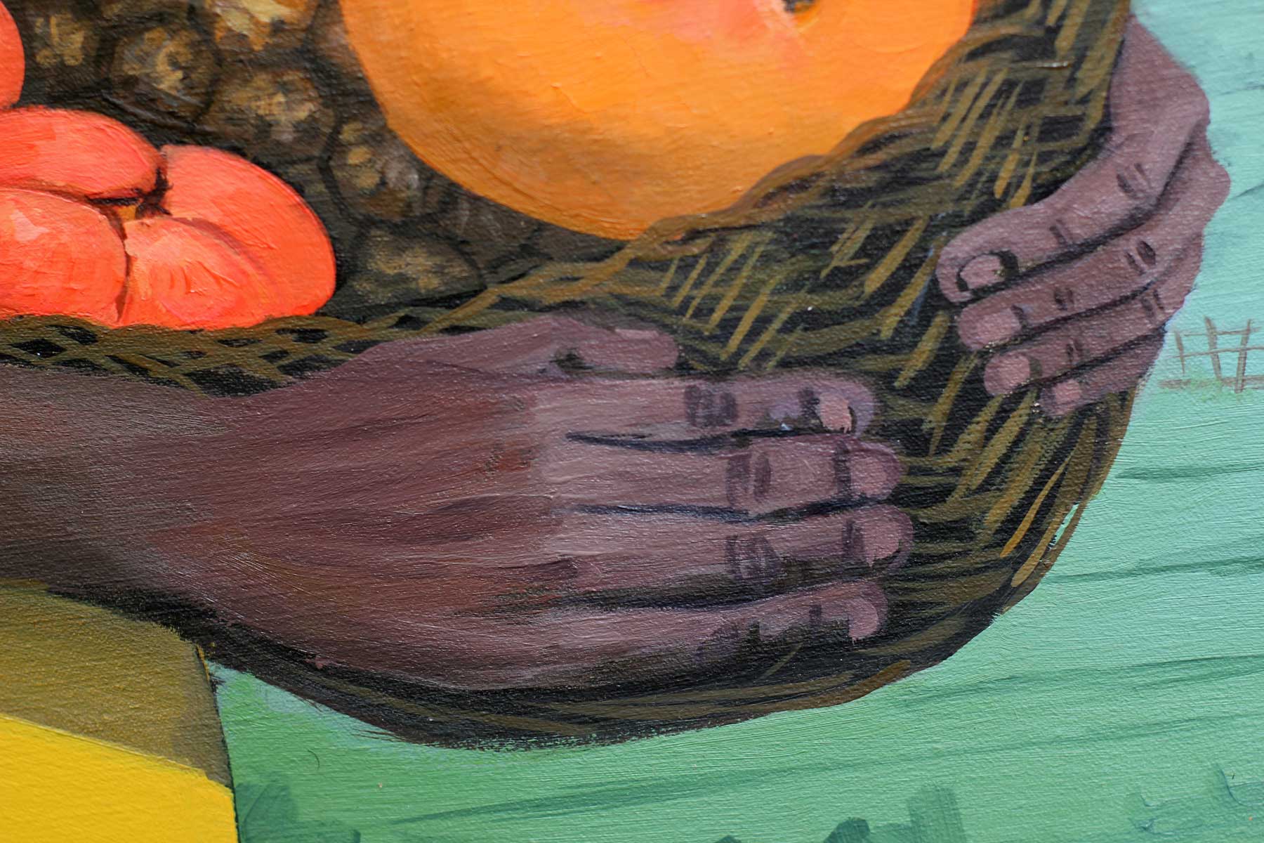 Detail of the woman's hands firmly supporting a woven basket filled with tropical fruit, emphasizing the intricate basket weave, carefully modeled fingers, and visible oil paint texture.