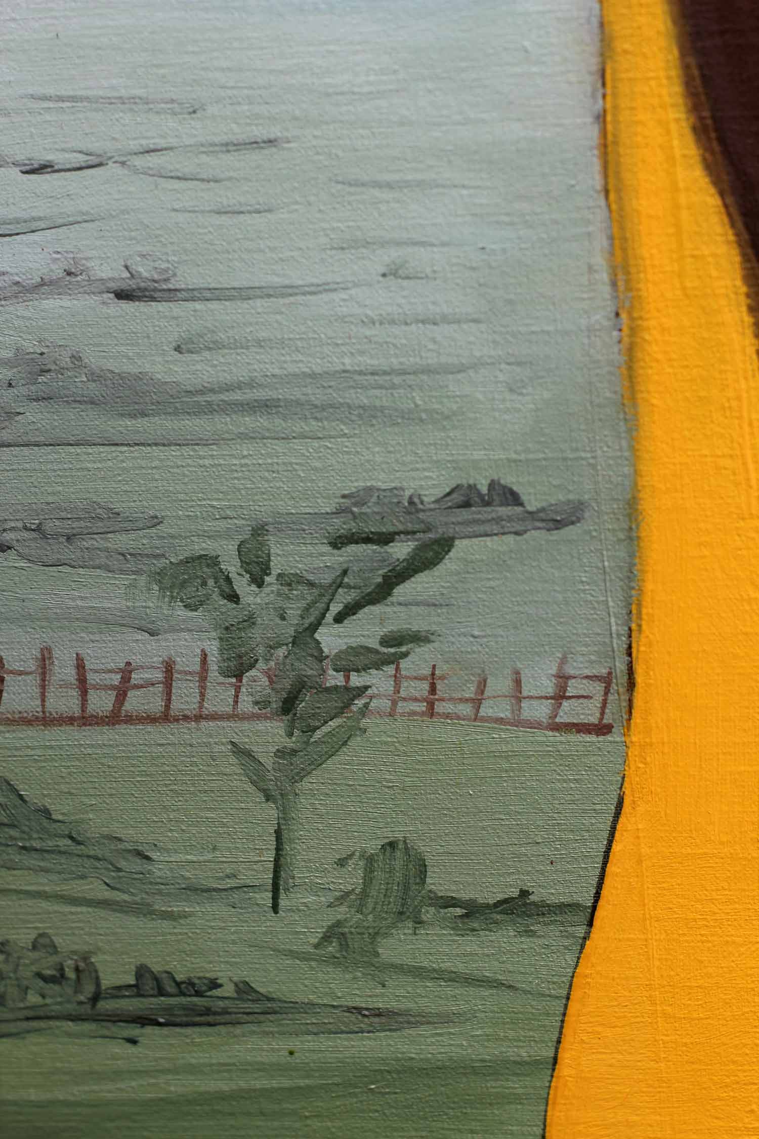 Close-up of the painted rural landscape behind the figure, featuring open green fields, simple fences, scattered vegetation, and expressive brushwork beneath a pale sky.