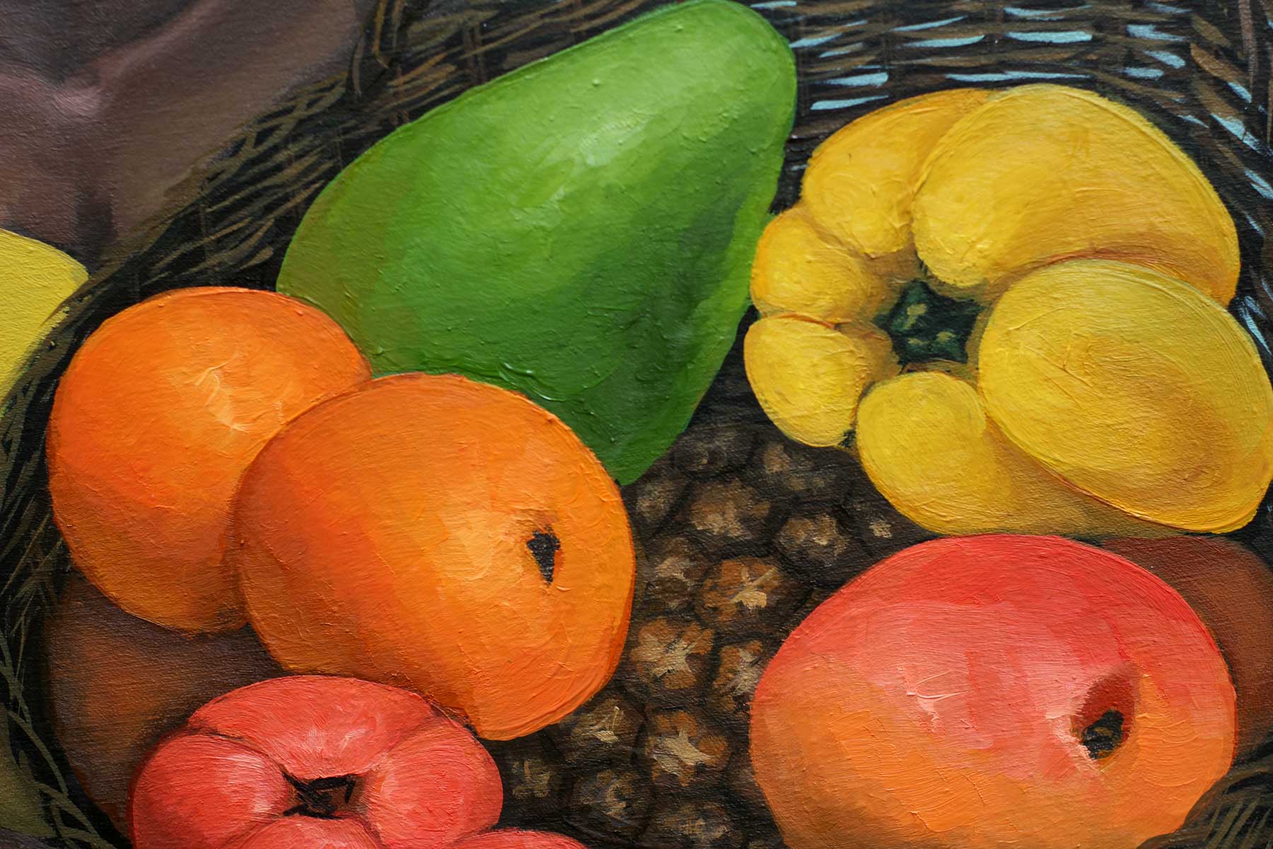 Close-up of a woven basket filled with tropical fruits including mangoes, tomatoes, avocatoes and bell peppers, rendered with vivid colors and textured oil brushstrokes.