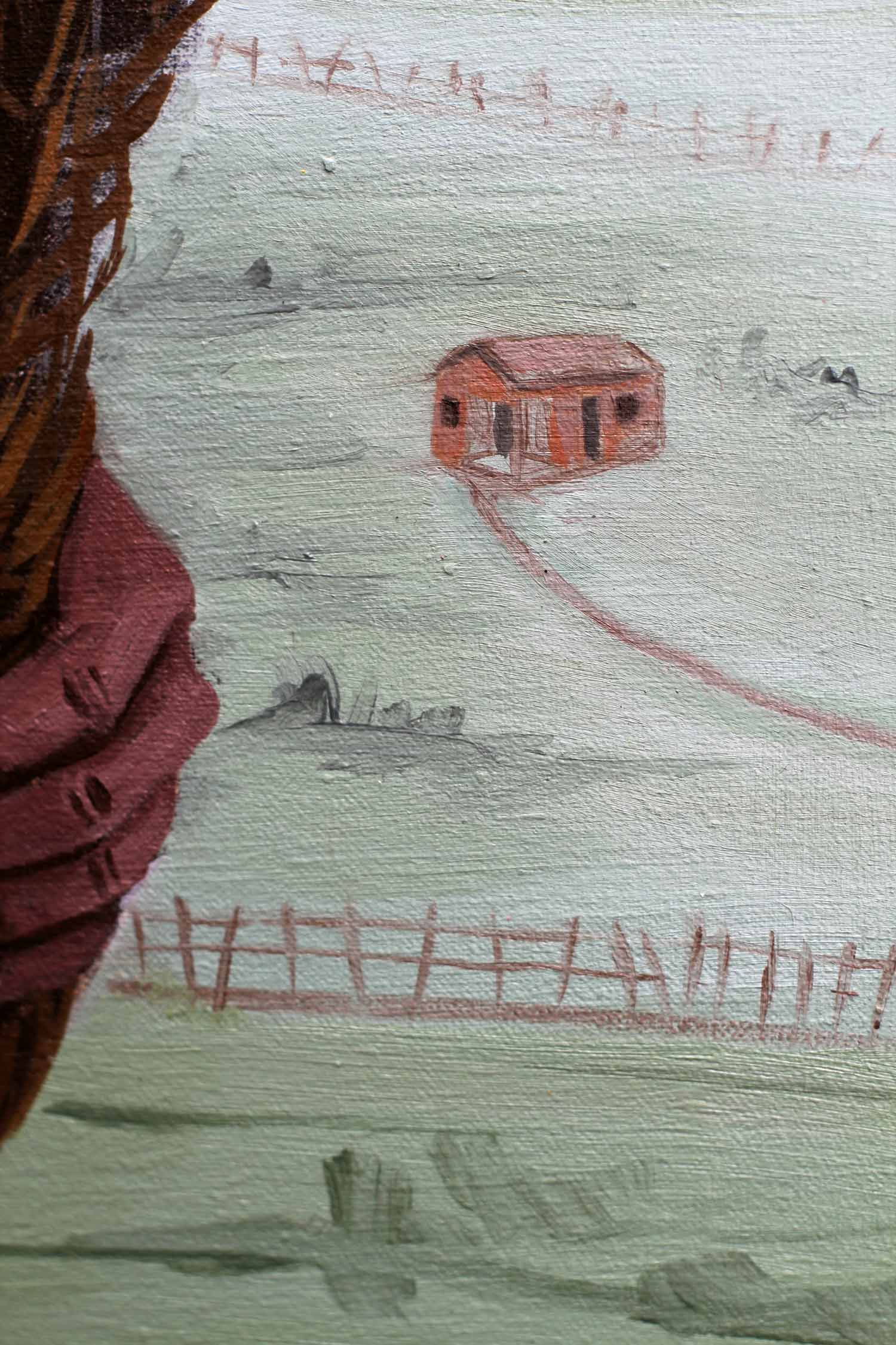 Detail of a small countryside house in the distant landscape, connected by a narrow path and surrounded by open fields and rustic fencing beneath a bright sky.