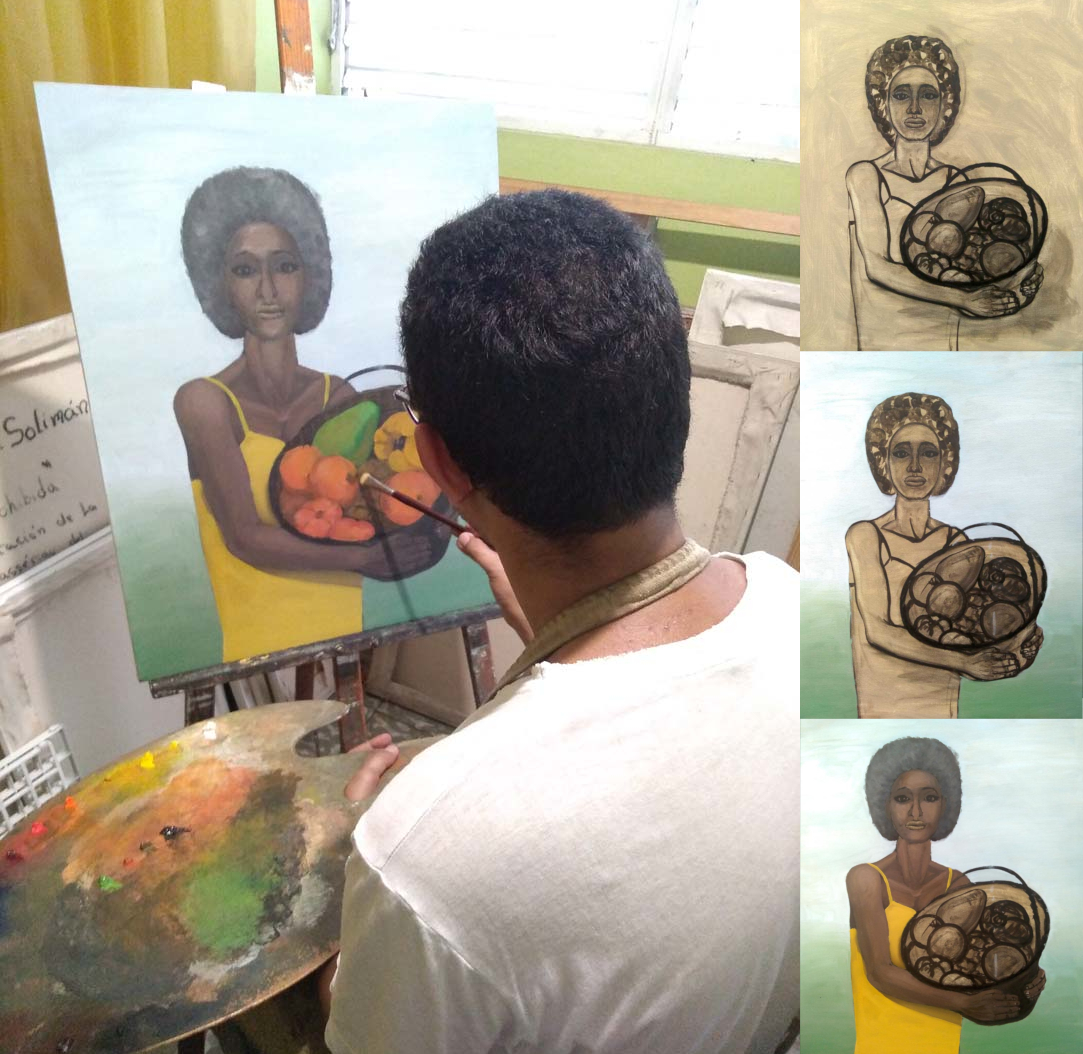 Collage documenting the creation process of the oil painting Woman with a Fruit Basket, showing the artist sketching the figure and basket on canvas, establishing the underpainting and background, developing the fruit-filled basket, and refining the portrait in successive stages toward the finished artwork.
