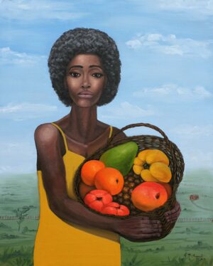 Woman with a Fruit Basket – Oil painting of a young Black woman wearing a yellow dress and holding a large woven basket filled with tropical fruits, including mangoes, papaya, pineapple, oranges, and wax apples. She stands before an expansive rural landscape beneath a bright blue sky with scattered clouds, gazing calmly toward the viewer. The composition contrasts the vivid fruit and dress against the soft green fields and open sky.