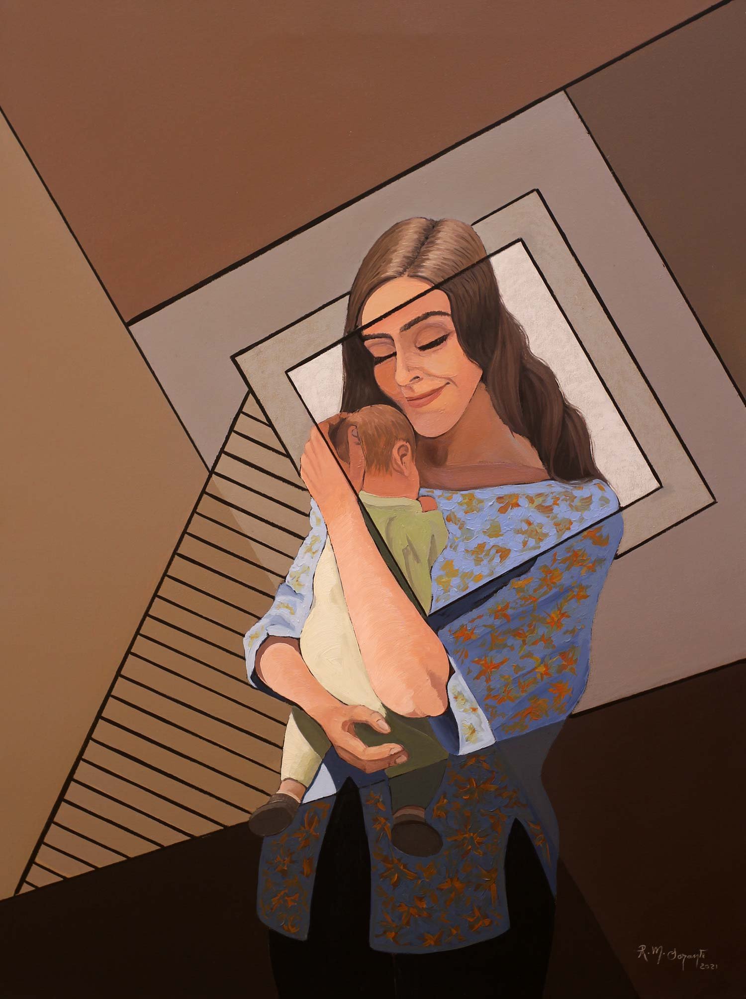 Mother gently embracing her sleeping baby, eyes closed in a peaceful expression, framed by intersecting geometric planes and diagonal lines in warm earth tones, contemporary oil painting by Raul Miguel Sarante.